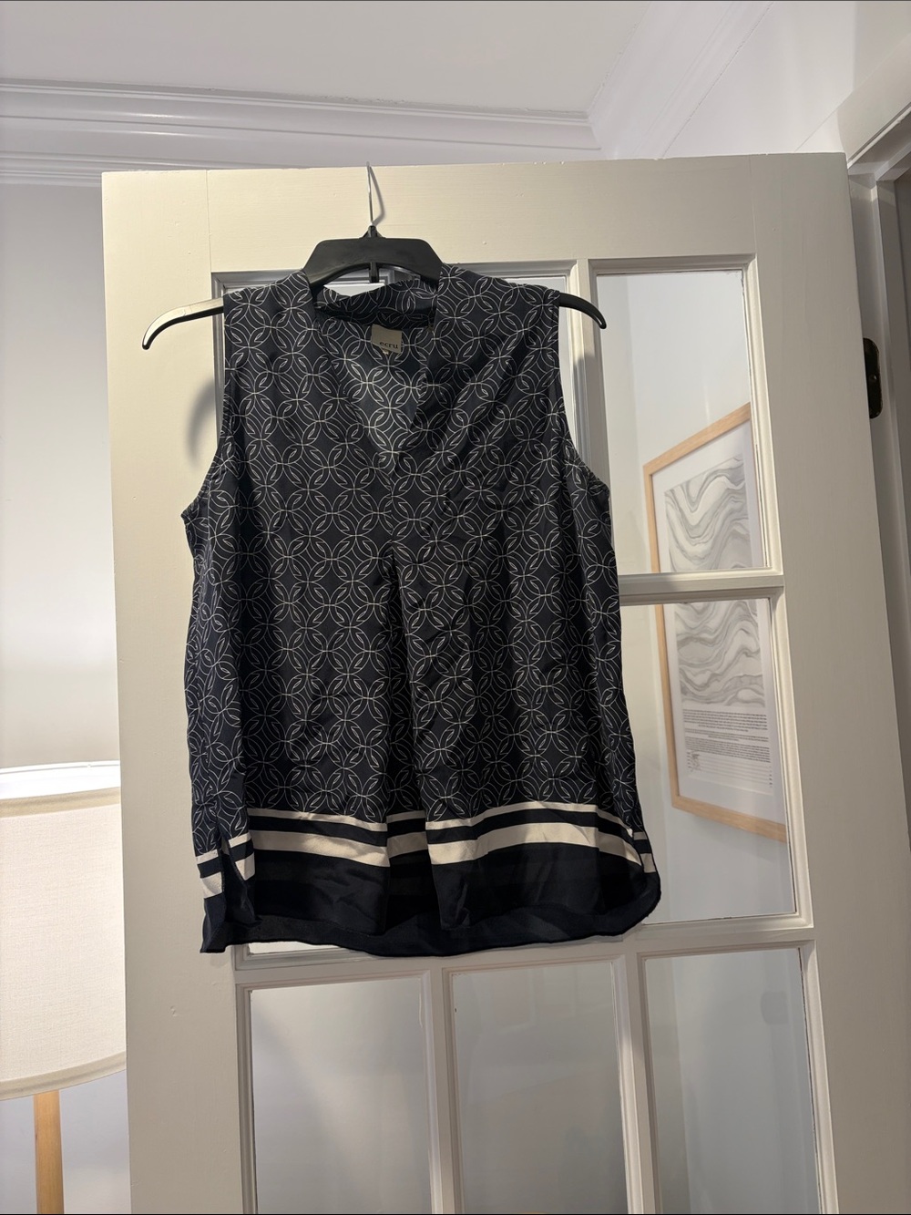 ecru Navy Geometric Sleeveless Blouse with White Stripe Hem
